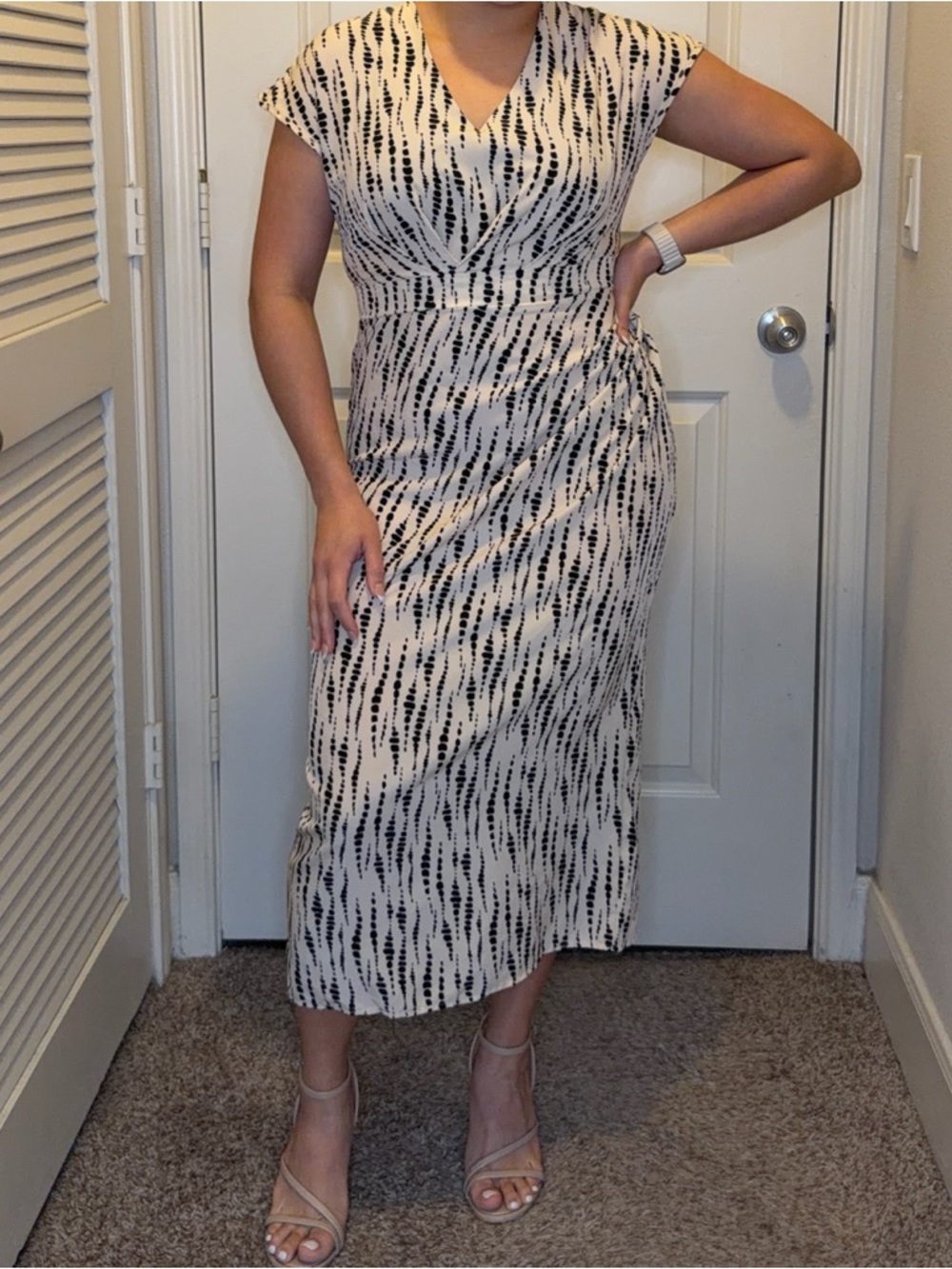 Neutral Abstract Print Wrap Midi Dress | Chic Work/Brunch Style